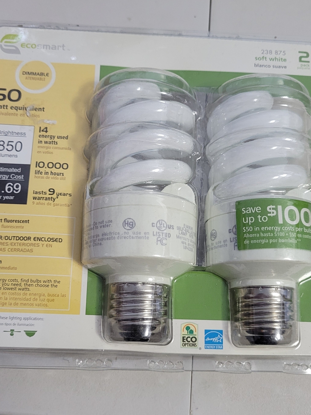 Ecosmart Two Bulb 60 Watt Equivalent 238 875 Soft White Dimmable Fluorescent New